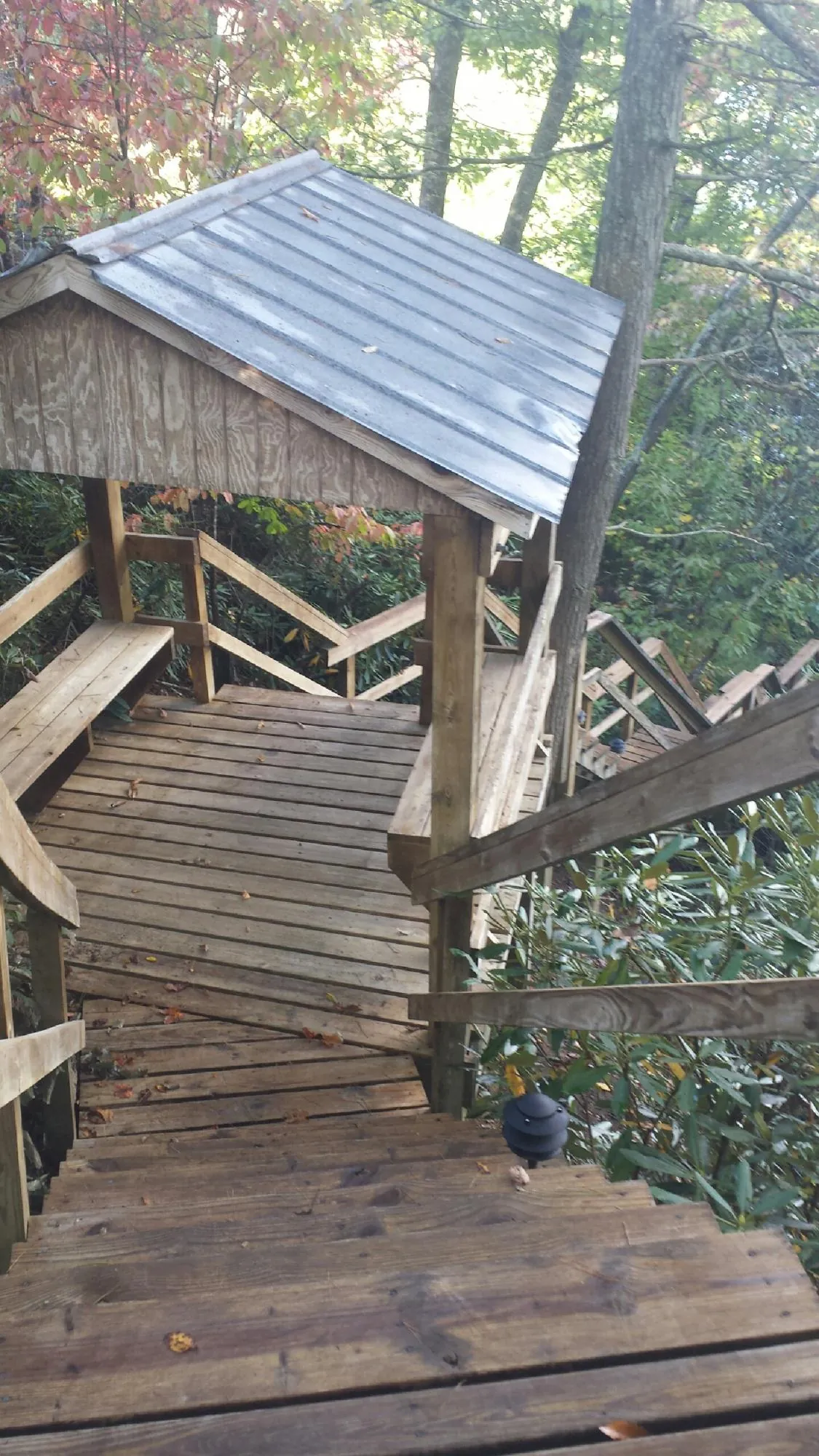 Metal roofed shelter over wooden steps on a wooded walkway — Skylight Repair & Installation work by our crew in Pavo